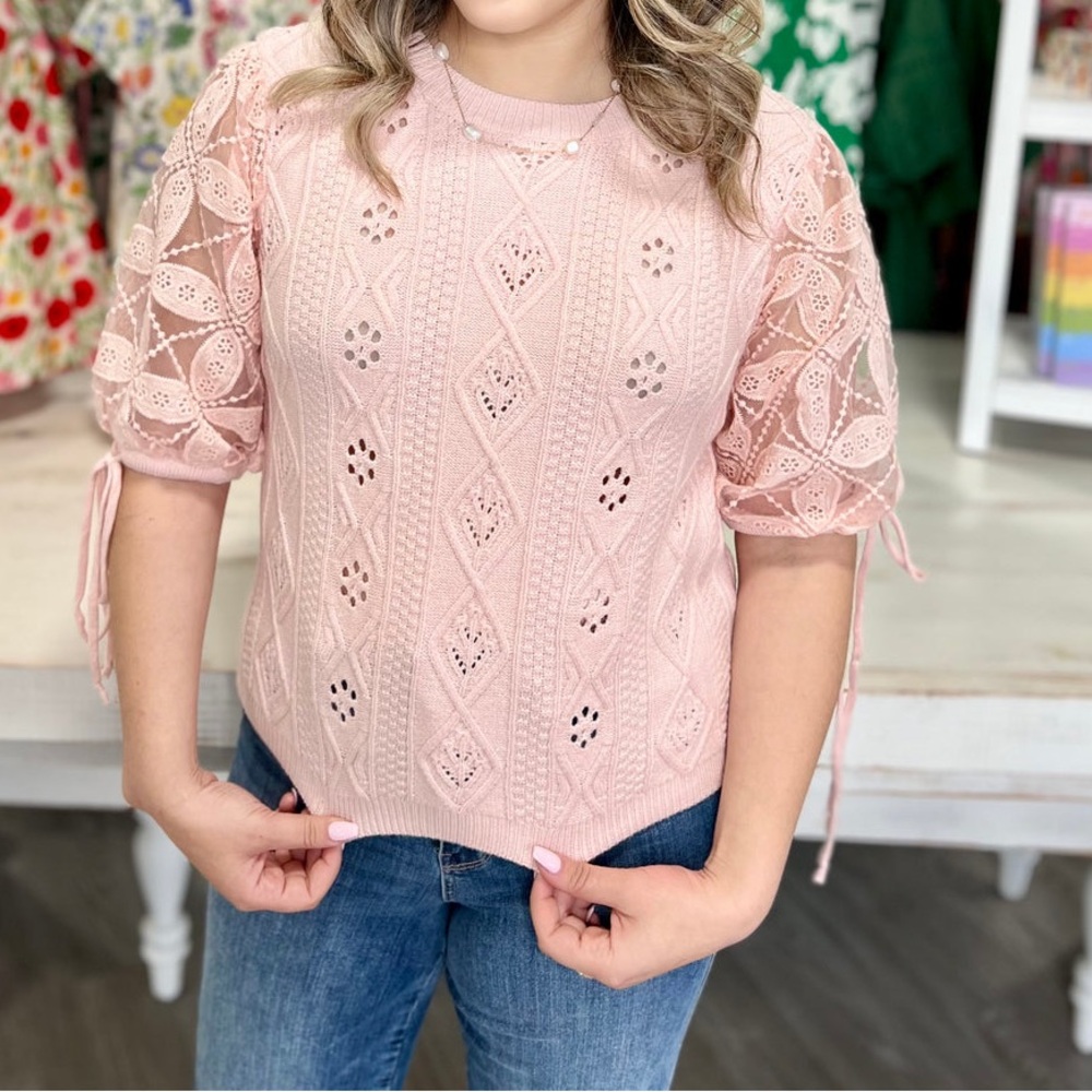 LISTICLE Peach Lace Sleeve Knit Top